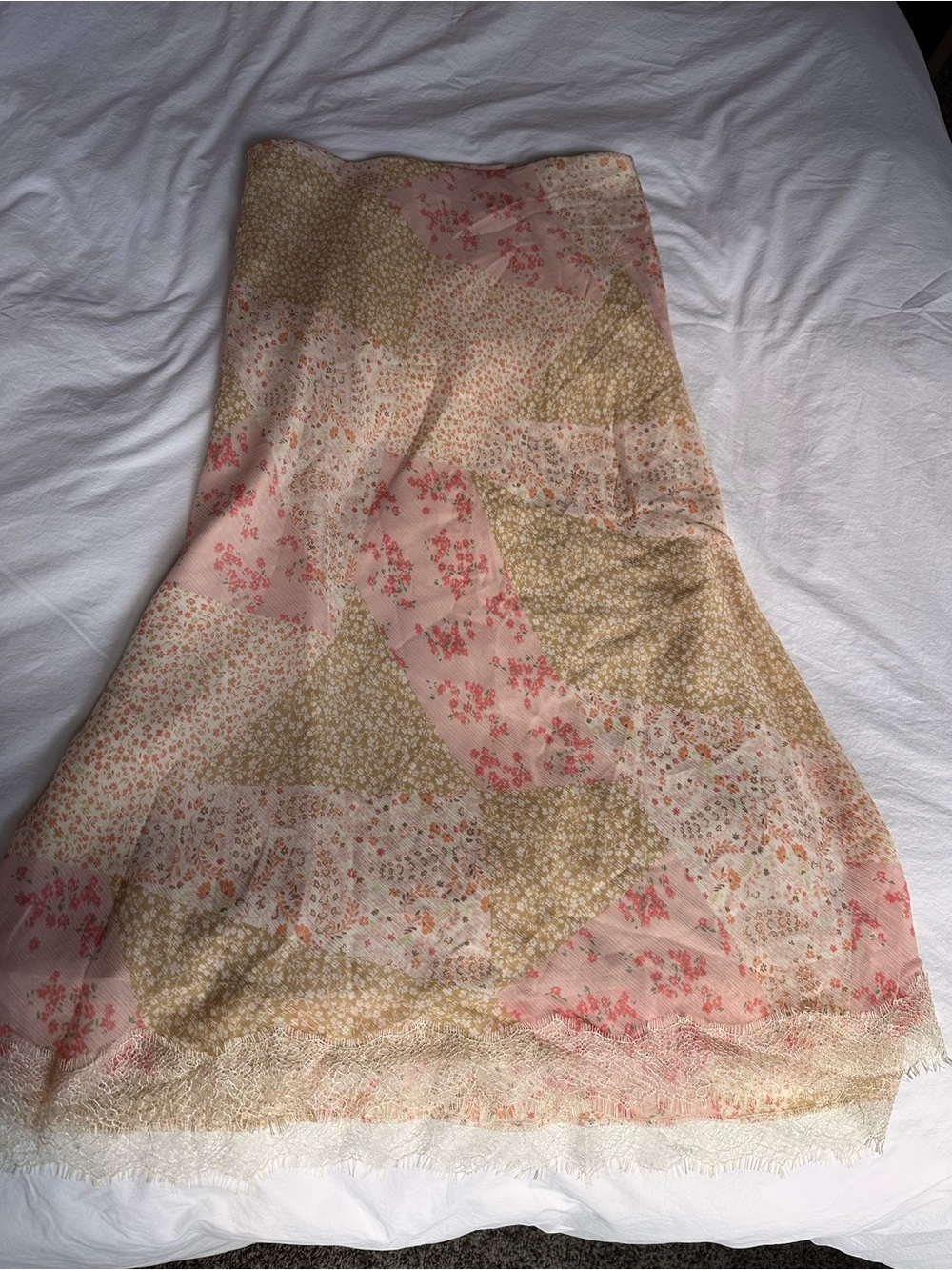 LOFT Patchwork Floral Maxi Skirt in Pink and Tan